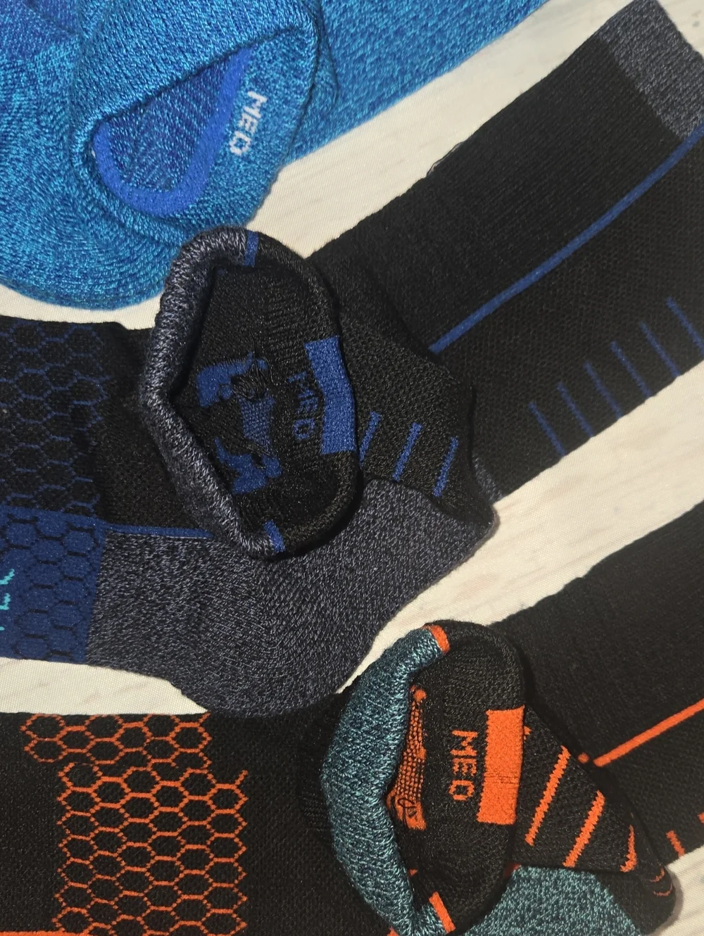 Bombas Performance Crew Socks - Blue, Black, Orange Medium New